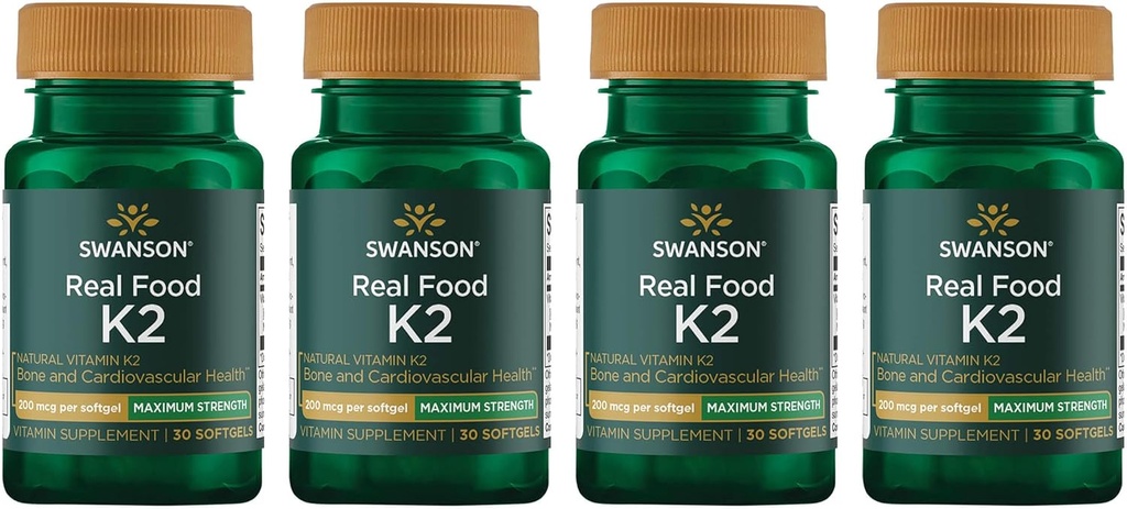 Swanson Maximum Strength Vitamin K2 (Menaquinone-7)-Vitamin Supplement Supporting Cardiovascular and Bone Health-Made from Japanese Natto to Help Regulate Calcium (30 Softgels, 200mcg Cada) (4 Pack)