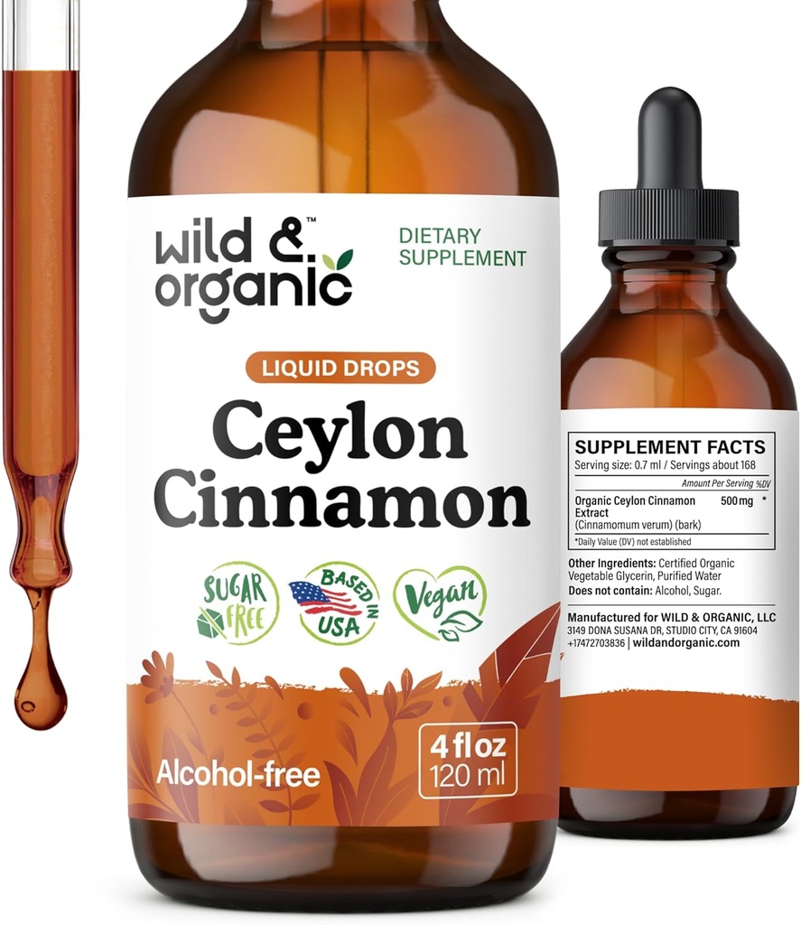 Wild & Organic Ceylon Cinnamon Tincture 500 mg - Liquid Cinnamon Supplements for Overall Support - Cinnamomum Verum Bark Extract - Vegan, Sugar & Alcohol-Free, Non-GMO - 4 fl oz