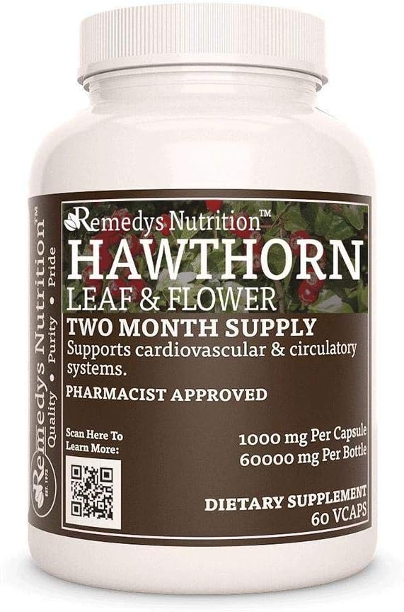 Remedy's Nutrition Hawthorn Leaf &amp; Flower peru 1,000 mg, 60 Vegan Capsules Herbal Suplemento dietético  Two Month Supply
