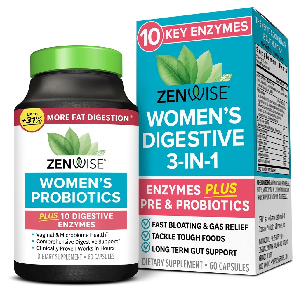 Zenwise Health 3-in-1 Womens Probiotic Supplement for Digestive, Gut Flora & Vaginal Health - Daily Probiotics & Prebiotics for Women with Digestive Enzymes Support Bloating & Gas Relief - 60 Count