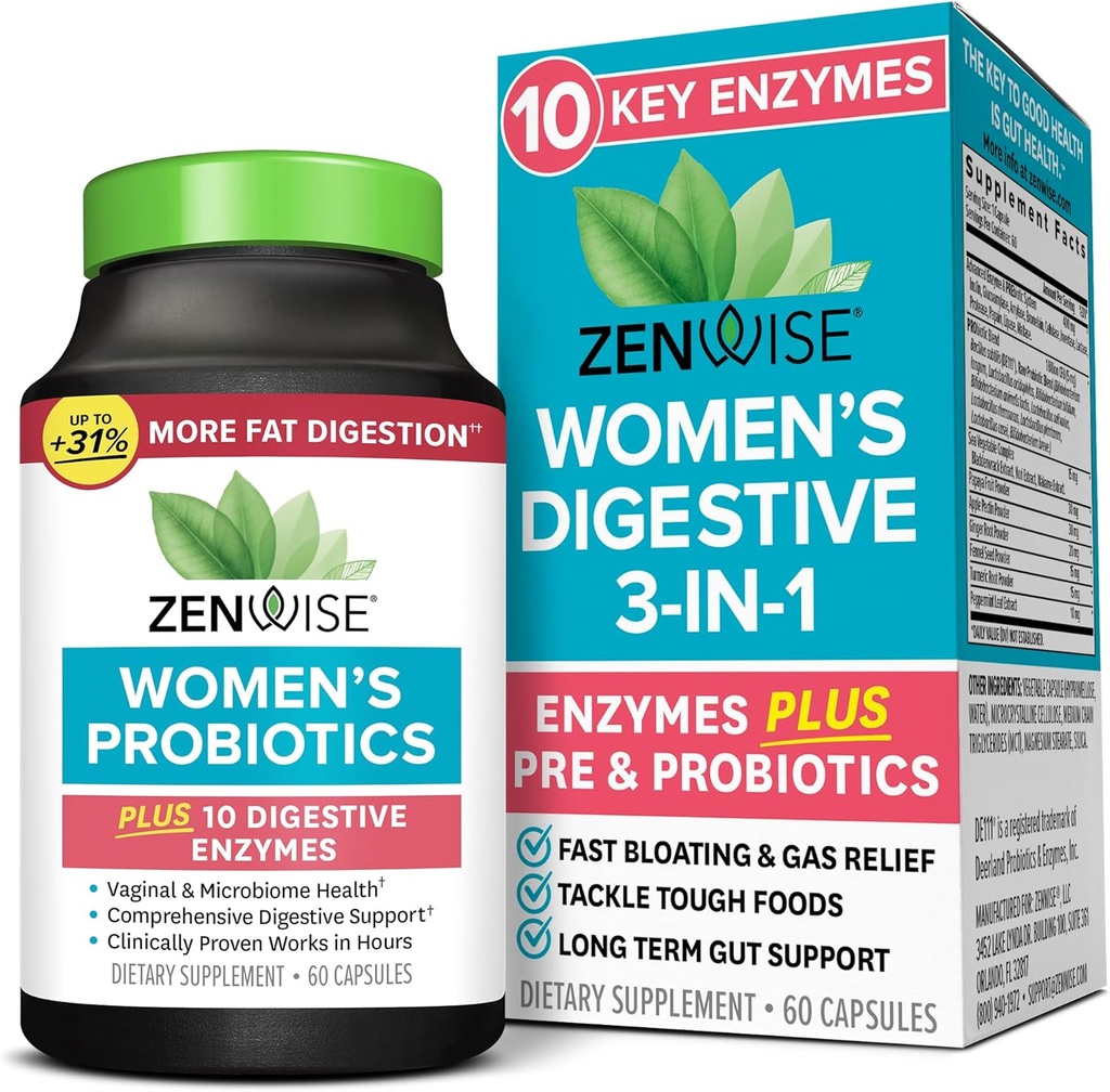 Zenwise Health 3-in-1 Womens Probiotic Supplement for Digestive, Gut Flora & Vaginal Health - Daily Probiotics & Prebiotics for Women with Digestive Enzymes Support Bloating & Gas Relief - 60 Count