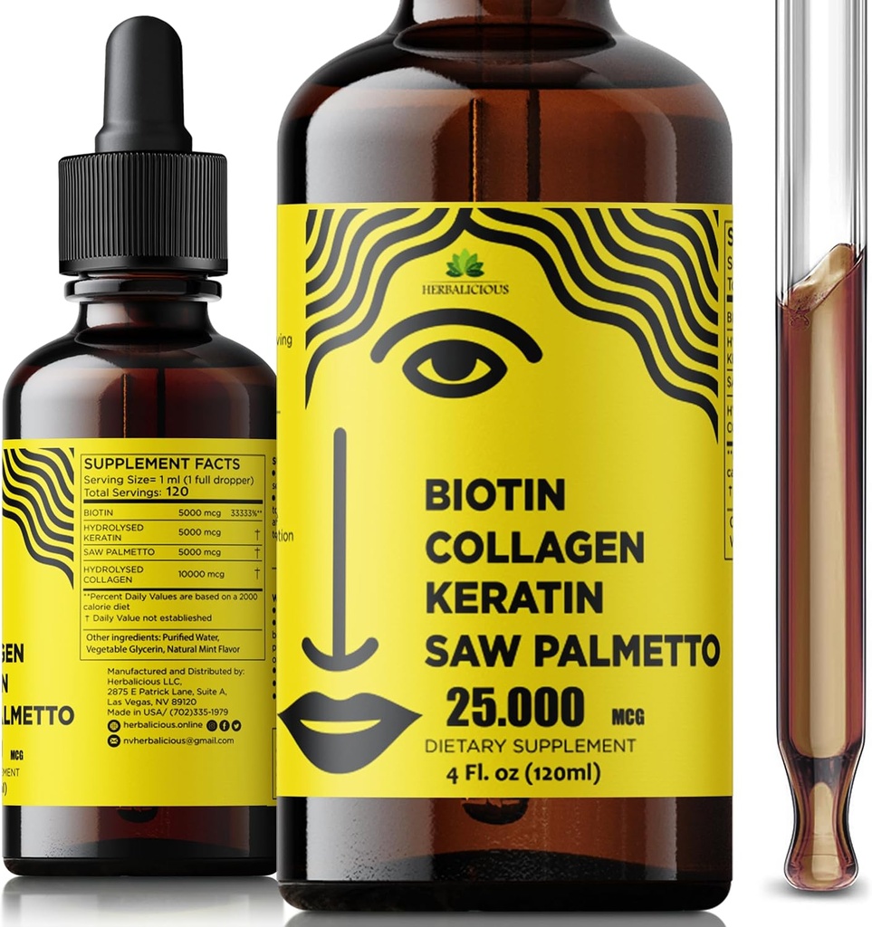 Liquid Biotin Collagen Keratin 4fl oz Liquid Supplements for Women - Comprehensive Formula Hair Skin Nails Supplement with 10000mcg Collagen 5000 mcg Biotin 5000 mcg Keratin 5000 mcg Saw Palmetto