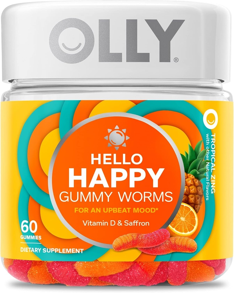 OLLY Hello Happy Gummy Worms, Mood Balance Support, Vitamina D, Saffron, Adult Chewable Suplemento, Tropical Zing - 60 Cuenta