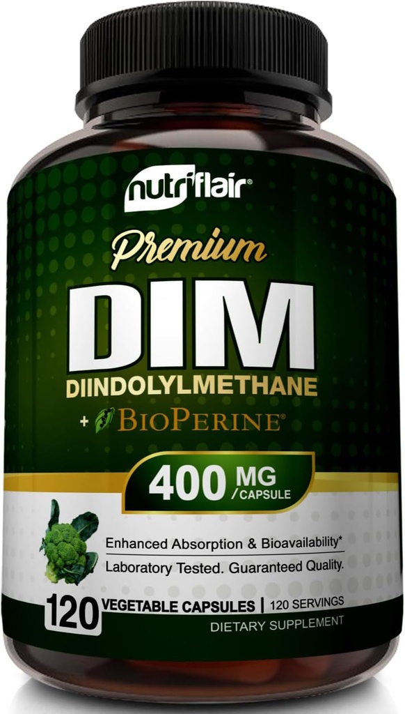 NutriFlair DIM Suplemento 400mg con Bioperina, 120 cápsulas - Diindolylmetano - Estrógeno Metabolismo Apoyo " Equilibrio hormonal, menopausia, PCOS, Acné y Cuidado de la piel para hombres " - Comparación con 300mg