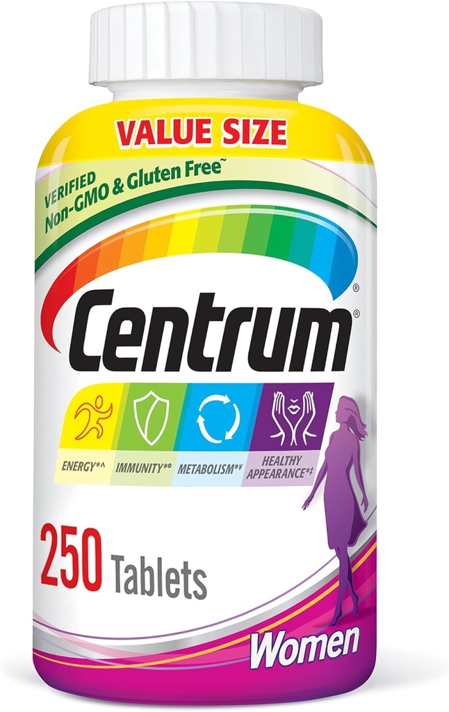 Centrum Multivitamínico para Mujeres, Multivitamínico/Multimineral Suplemento con Hierro, Vitamina D3, B Vitaminas y Antioxidantes Vitaminas C y E, Tablet, Gluten Free, Ingredientes No GMO - 250 Con