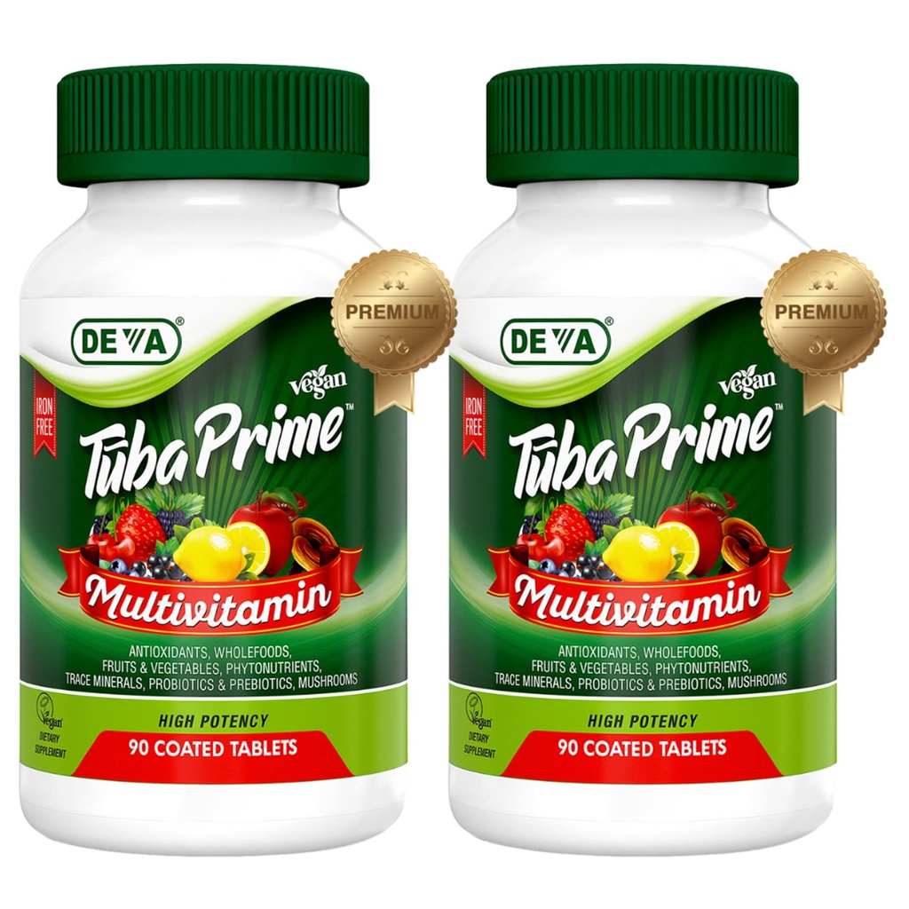 DEVA Tuba Prime Vegan Multivitamina libre de hierro Vitamina y suplemento dietético mineral Antioxidantes, Fruta &amp; Veg Blend, Super hongos, Probióticos, Prebióticos, Semillas, Herbs 90 Tabs 2-Pack
