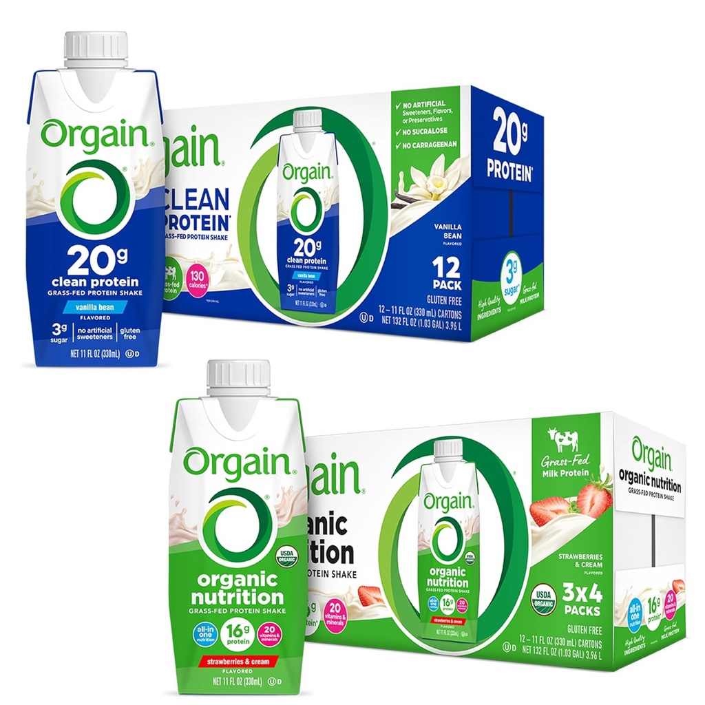 Orgain Clean Protein Shake, Grass Fed Dairy, Vanilla Bean (Pack of 12) y Orgain Organic Nutritional Protein Shake, Strawberries & Cream (Pack of 12)
