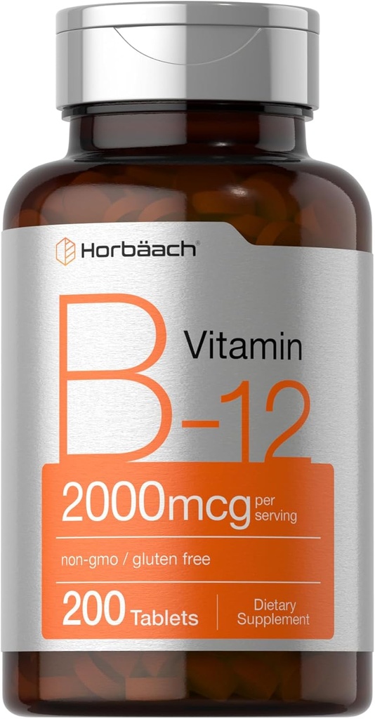 Horbäach B12 Vitamin 2000 mcg | 200 Tablets | Vegetarian Supplement | Non-GMO & Gluten Free