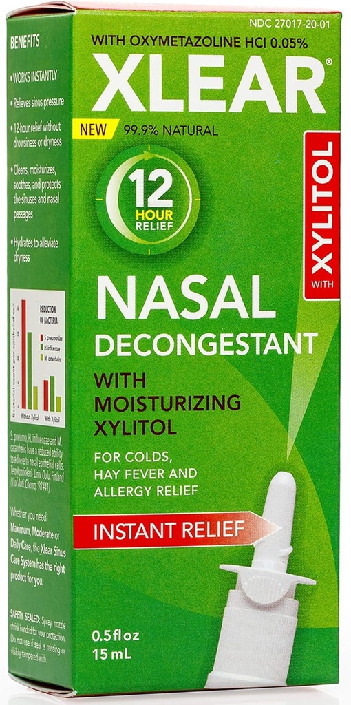 Xlear 12-Hour Natural Saline Nasal Decongestant Spray con Xylitol y Oxymetazoline, Instant Sinus Pressure and Congestion Relief for Kids and Adults 0.5 fl oz (Pack of 3)