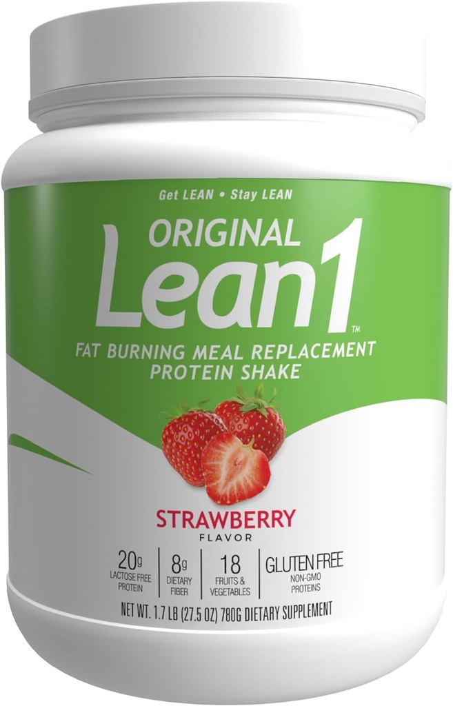Lean1 Meal Reemplazo Protein Shake, Strawberry Flavor, 15 Tubo de servicio