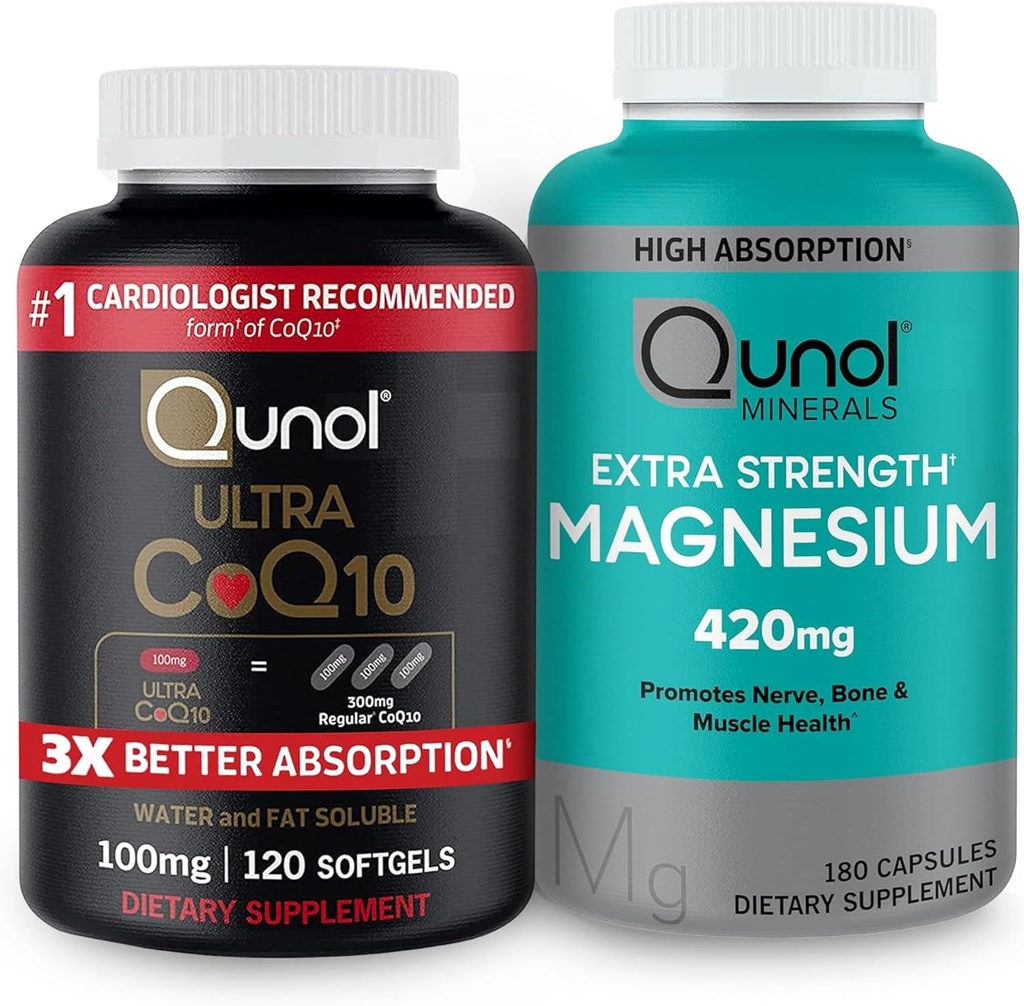 Cunol CoQ10 100mg Softgels, 3X Mejor Absorción 4 Month Supply + 120 Conde Magnesium Glycinate Capsules 420mg, Suplemento Magnesio de alta absorción, 180 Conde