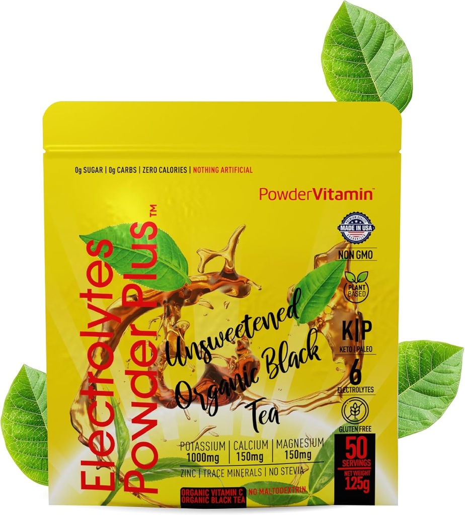 PowderVitamin Electrolytes Powder Plus (50 Servings) Unsweetened Black Tea Electrolyte Powder Keto,SugarFree, Pink Himalayan Salt,1000mgPotassium,150mgCalcium,150mgMagnesium,Hydration Powder NO STEVIA