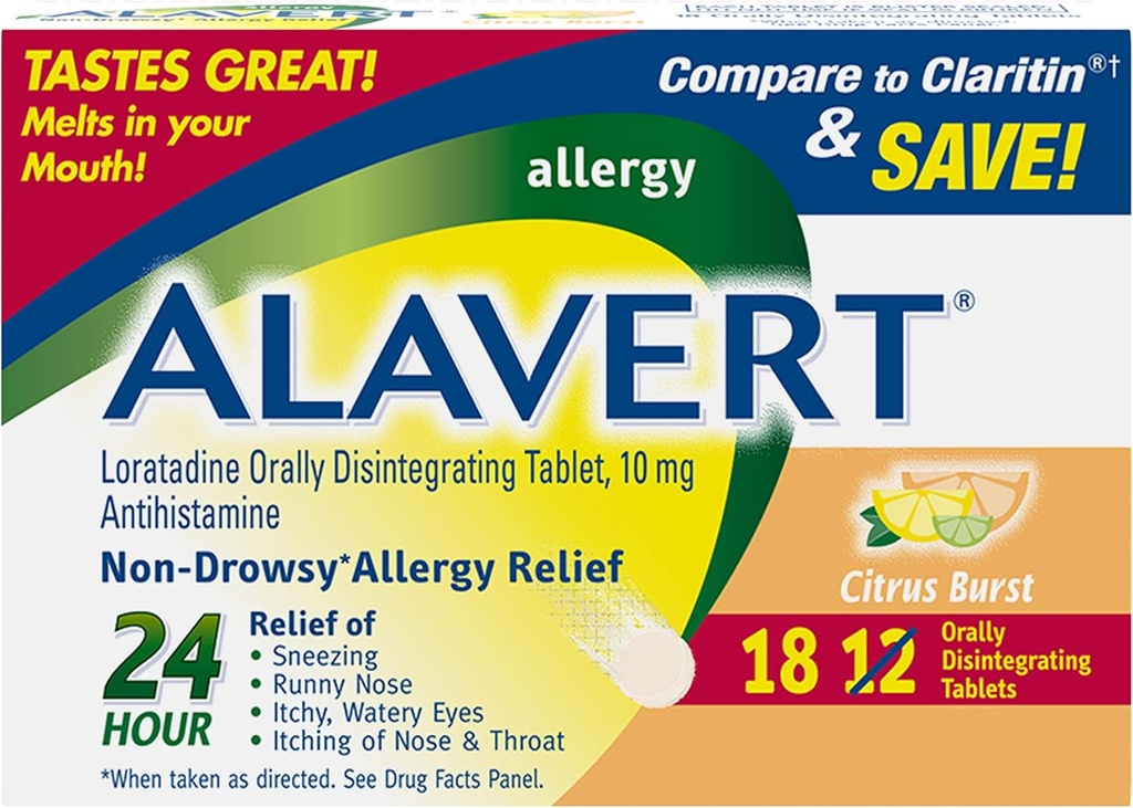 Alavert Alergía 24 horas Alivio, Citrus Burst Flavor, Disintegración oral Tablas de Alergia, Antihistamínico no ceñido, Loratadine 10mg, 18 Cuenta