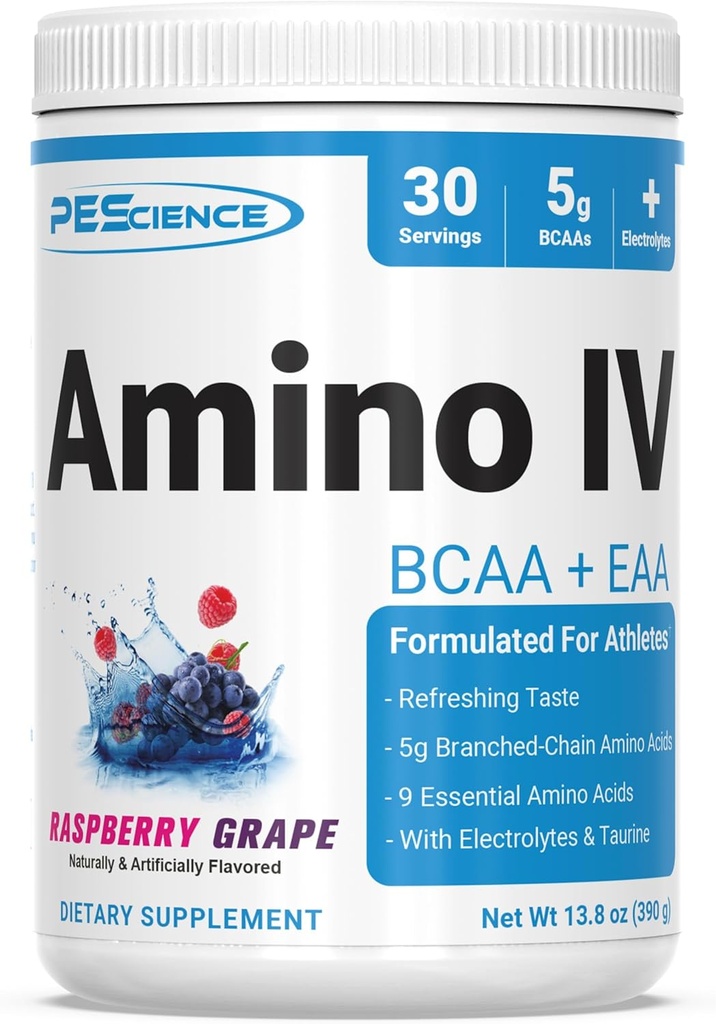 PEScience Amino IV BCAA &amp; EAA Powder, Aminoácidos Esenciales, Taurine, Electrolitos para Hidratación y Recuperación de Musculos, Azúcar Gratis para Hombres &amp; Mujeres, Post Workout - Raspberry Grape - 30 Serviciones