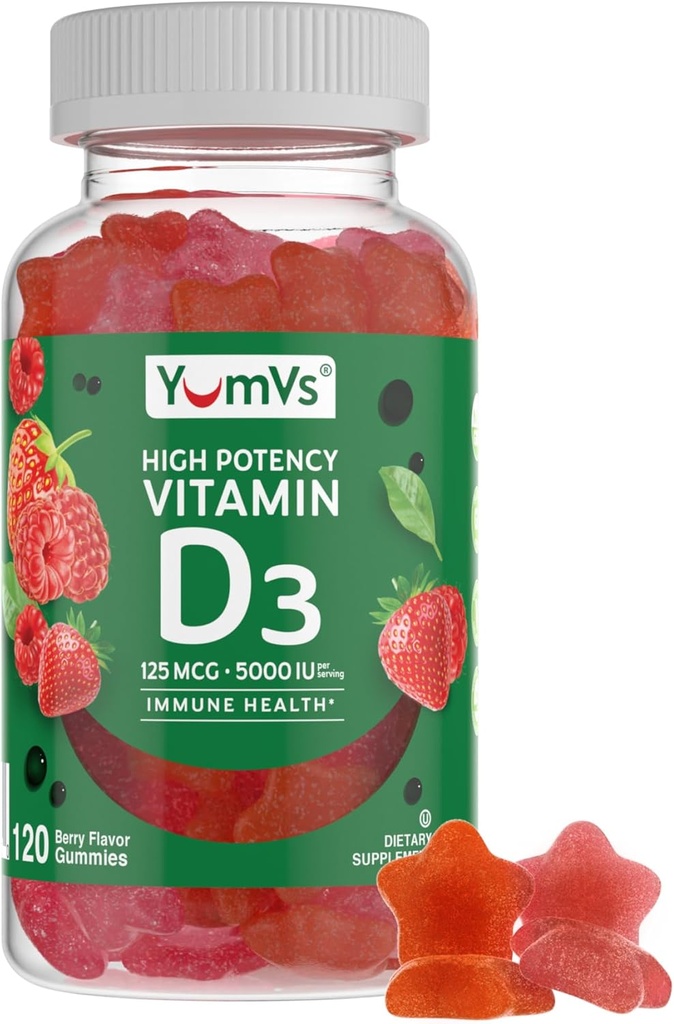Vitamina D3 Gummies 5000 UI 125mcg D3 Gummies - Soporte Inmunitario, Strong Bone Health - Non-GMO, Gluten-Free, Dairy-Free, Vitamin D Gummy(120 Conteo)