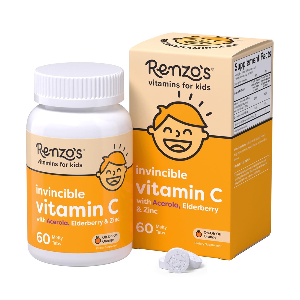 Vitamina C Invencible de Renzo para niños con arándano y zinc, vitaminas para niños disoluvables para soporte inmunitario, 60 tazones de color naranja