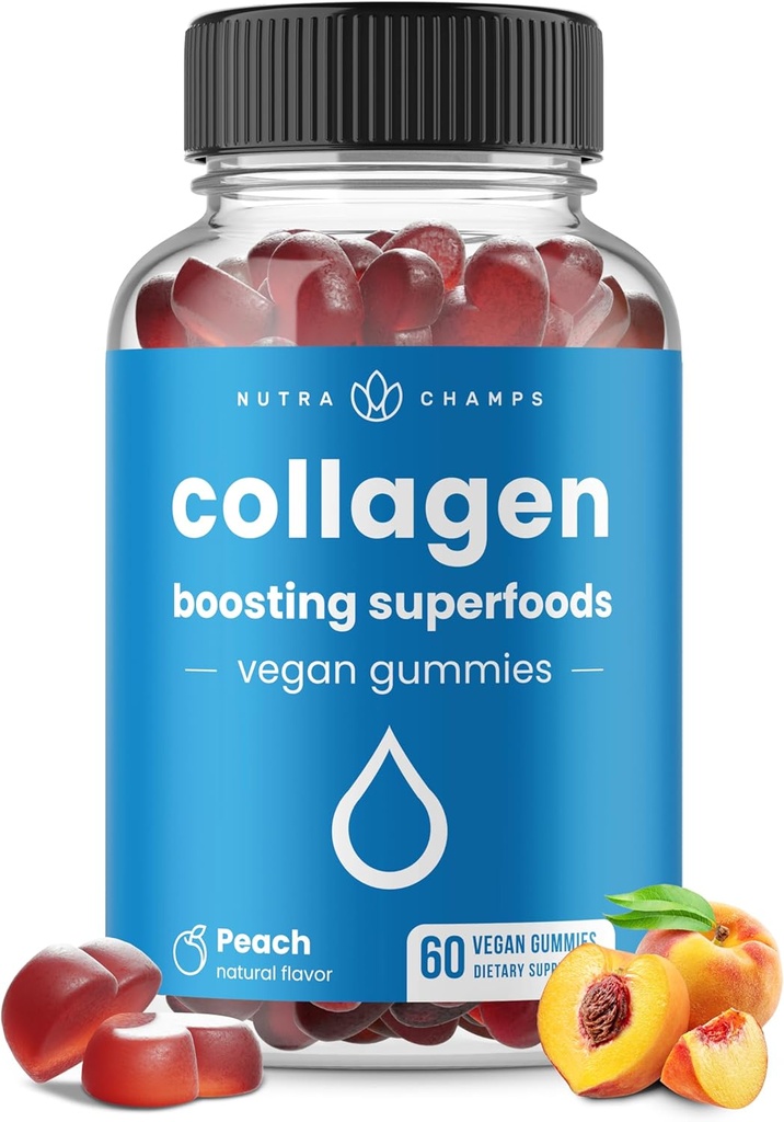 NutraChamps Collagen Boosting Gummies, Collagen Booster Gummy for Natural Collagen Production, Vegan Pectin Supplements Chews for Women &amp; Men, 60 Peach Vitamins Gummies