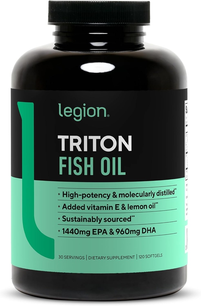 LEGION Triton Fish Oil Capsules - Triple Strength Omega 3 ácidos grasos esenciales con vitamina E &amp; aceite de limón para la absorción máxima, frescura & pureza - 2400mg EPA & DHA Por ser, 30 Svgs