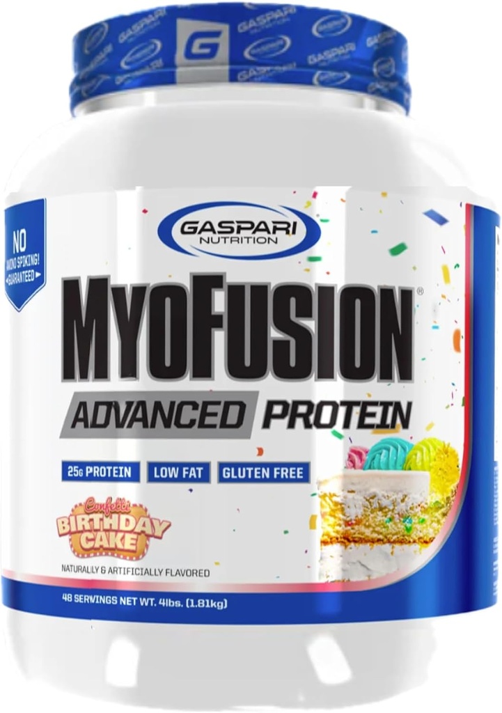 Gaspari Nutrition Myofusion Advanced Protein, Protein Blend with Whey Protein, Casein Protein and Isolate Protein, Low Fat and Gluten Free (Birthday Cake, 4 Pound)