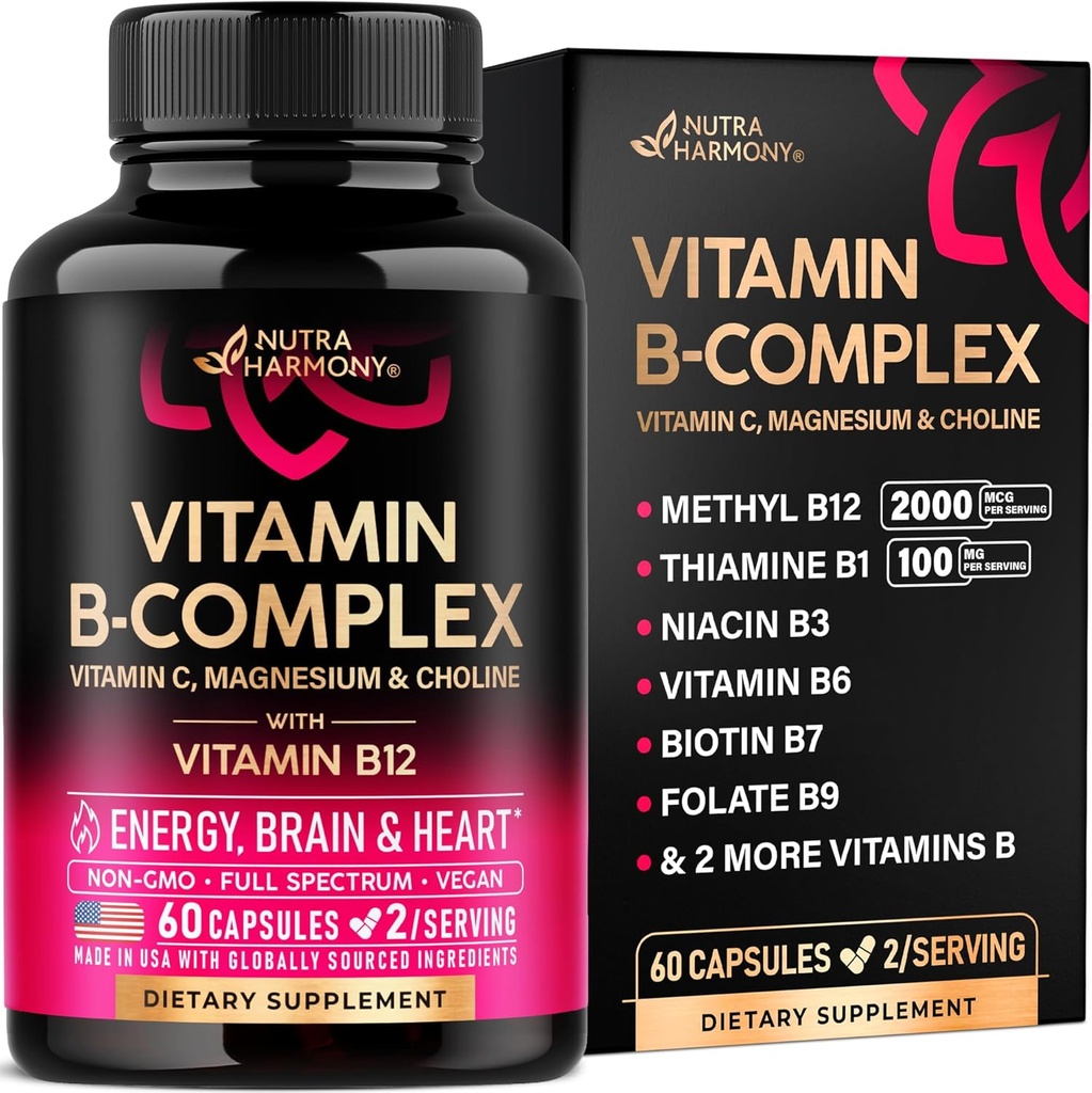 Complejo de vitamina B para hombres y mujeres - Riboflavin B2, B12, B1, B3, B6, B7, B8, B9 tóxico Vitamina C, Choline, Inositol - B-Complex Suplemento - Energía, Cerebro y Corazón - Hecho en EE.UU., 60 cápsulas veganos