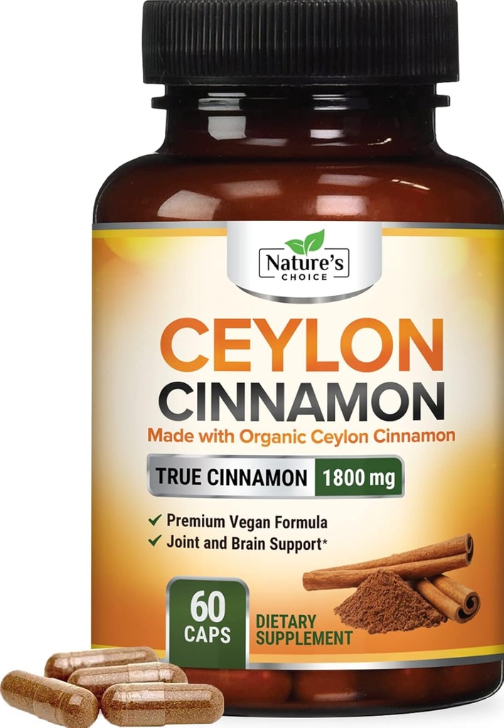 Ceylon Cinnamon Capsules 1800mg - Certified Organic Cinnamon, Bottled in USA, &amp; Pure Extra Strength Ceylon Cinnamon Supplement, Antioxidant Pills, Non-GMO & Gluten Free, Sugar Free - 60 cápsulas
