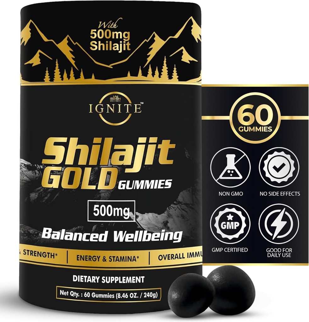 Pure Himalayan Shilajit Gummies – 75%+ Ácido Fulvico, Alta Potencia Oro Grado – Blend for Energy, Vitality & Immune Support, Travel - Friendly, Tamarind Flavor – 60 Gummies