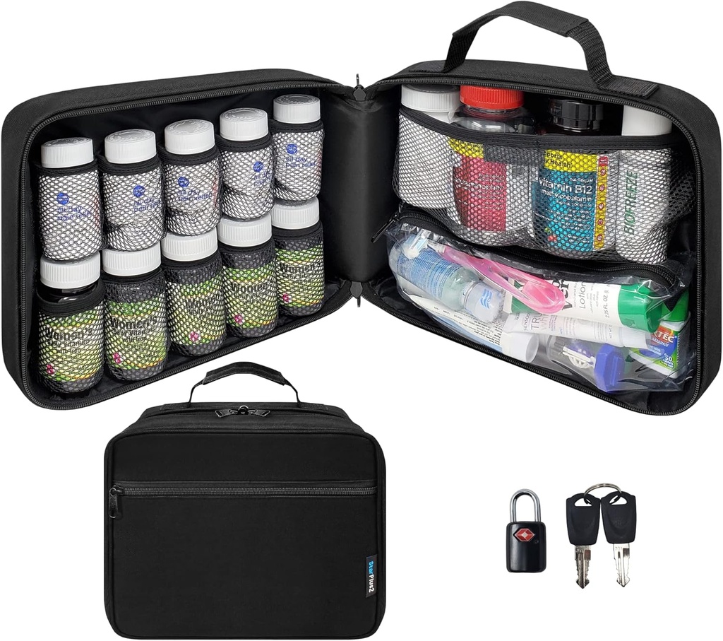 Gran organizador de botellas acolchadas, bolsa de medicina, caso, portador de medicamentos, vitaminas y suministros médicos - Organizador de medicina de viaje y bolsa de memoria de almacenamiento casera - Negro (con bloqueo TSA)