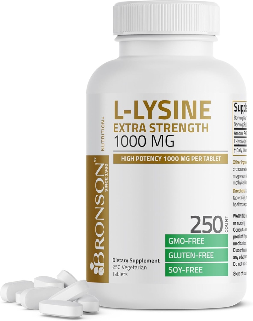 Bronson L-Lysine Extra Strength 1000 MG por Tablet High Potency, Immune Support &amp; Supports Collagen Synthesis, Non-GMO, 250 Vegetarian Tablets