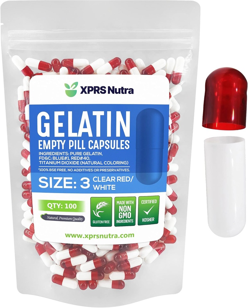 XPRS Nutra Size 3 Empty Capsules - 100 Conde Empty Gelatin Capsules - Pills DIY Capsule Filling - Pure Bovine Pill Gel Caps Fillable for Do-It-Yourself Vitamins and Supplements (Clear Red/White)