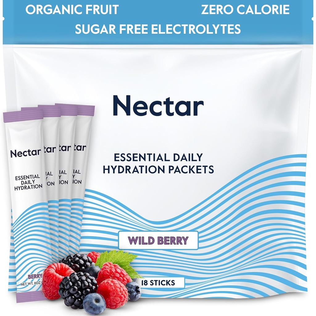 Embalajes de hidratación Nectar - Empaquetaduras de pólvora de electrolitos - No Azúcar o Calories - Fruta orgánica liquida diariamente IV Hydrate Packets para alivio de la deshidratación y rehidratación rápida (Berry 18 Pack)