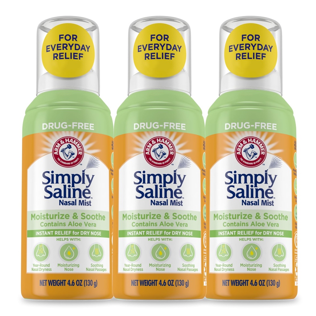 Arm " Hammer simplemente Saline Moisturize " Soothe Nasal Mist, Drug-Free Moisturizing Saline Nasal Spray for Instant Relief for Dry Nose, 4.6 Oz (130 g), 3 Pack