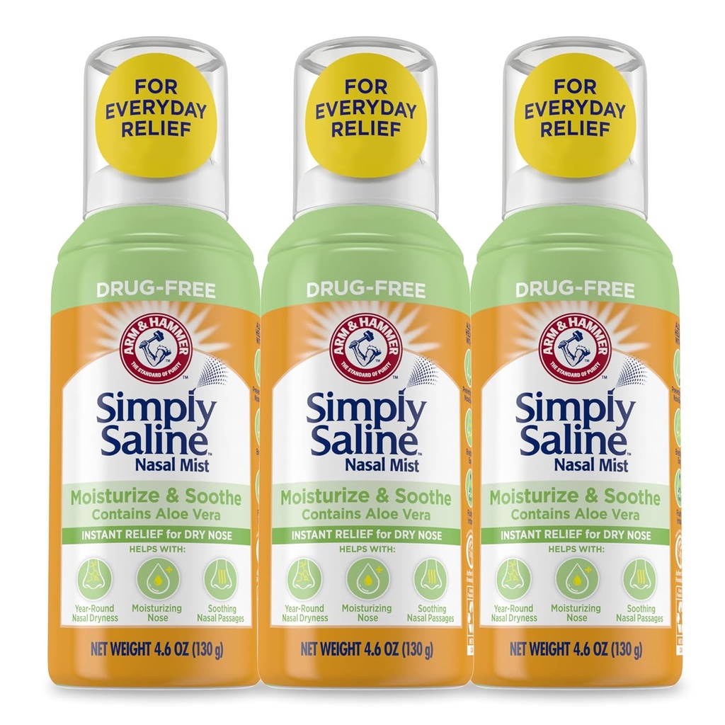 Arm " Hammer simplemente Saline Moisturize " Soothe Nasal Mist, Drug-Free Moisturizing Saline Nasal Spray for Instant Relief for Dry Nose, 4.6 Oz (130 g), 3 Pack