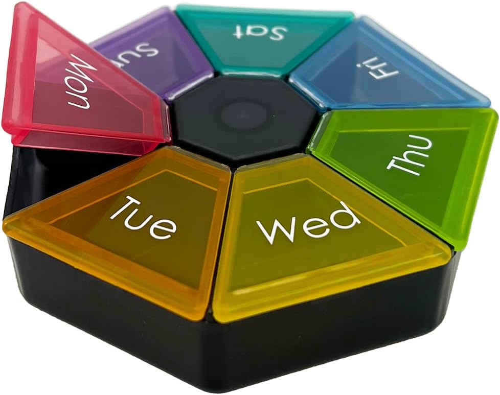 EZY DOSE Organizador y Planificador semanal de píldoras, Planificador de píldoras de viaje, 7 colores de arco iris