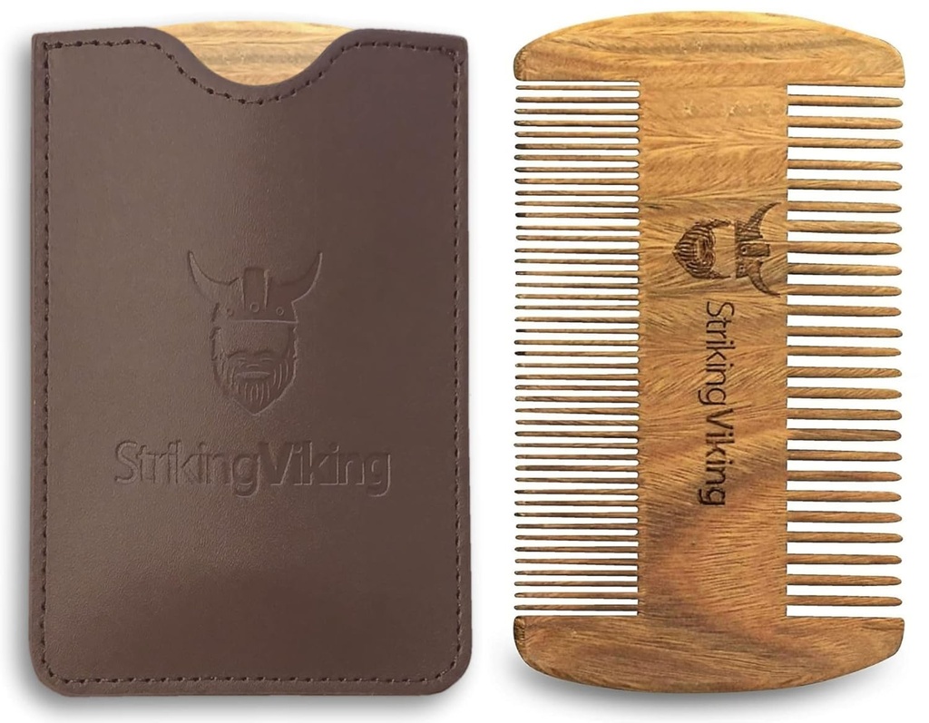Striking Viking Sandalwood Beard Comb & Case - Pocket-Sized Grooming Tool with Fine & Coarse Teeth, Perfect for Use with Balms & Oils