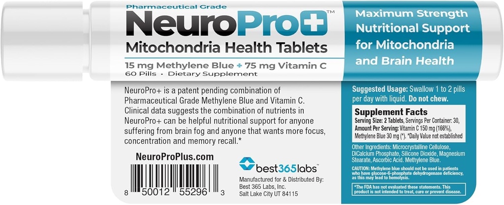 NeuroPro+ - Complejo de Metileno Azul y C - Mitocondria de máxima fuerza Tablas de soporte - Actuación rápida Claridad mental Soporte - 60 Tabletas