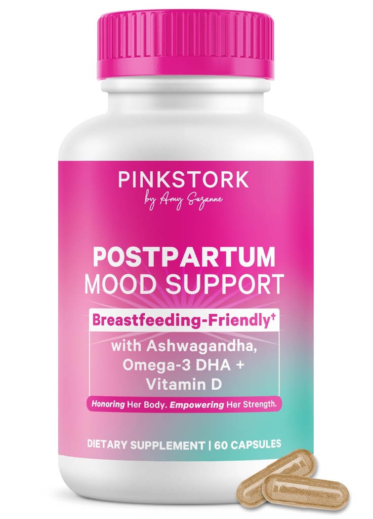 Pink Stork Postpartum Mood Support - Postnatal Hormone Balance for Women - Breastfeeding Friendly - Stress & Cognitive Support, New Mom Essentials - Ashwagandha, Chamomile, & vitamina D, 60 cápsulas