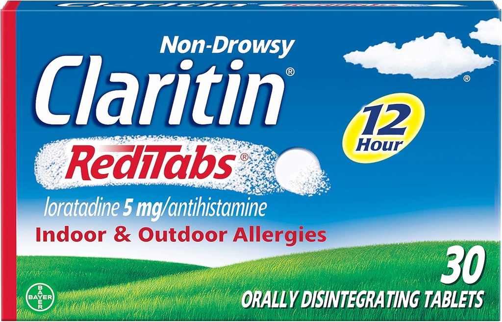 Claritin RediTabs 12 horas de medicina de alergia, receta de no sueño Alivio de la fuerza, tabletas antihistamínicas de Loratadina, 30 cuenta, paquete de 2