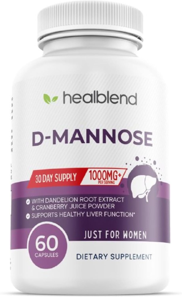 D-Mannose 1000mg Cápsulas con Polvo de Jugo de Arándano, Hibiscus y Extractos de Dandelión - 30 días de suministro para la salud del tracto urinario