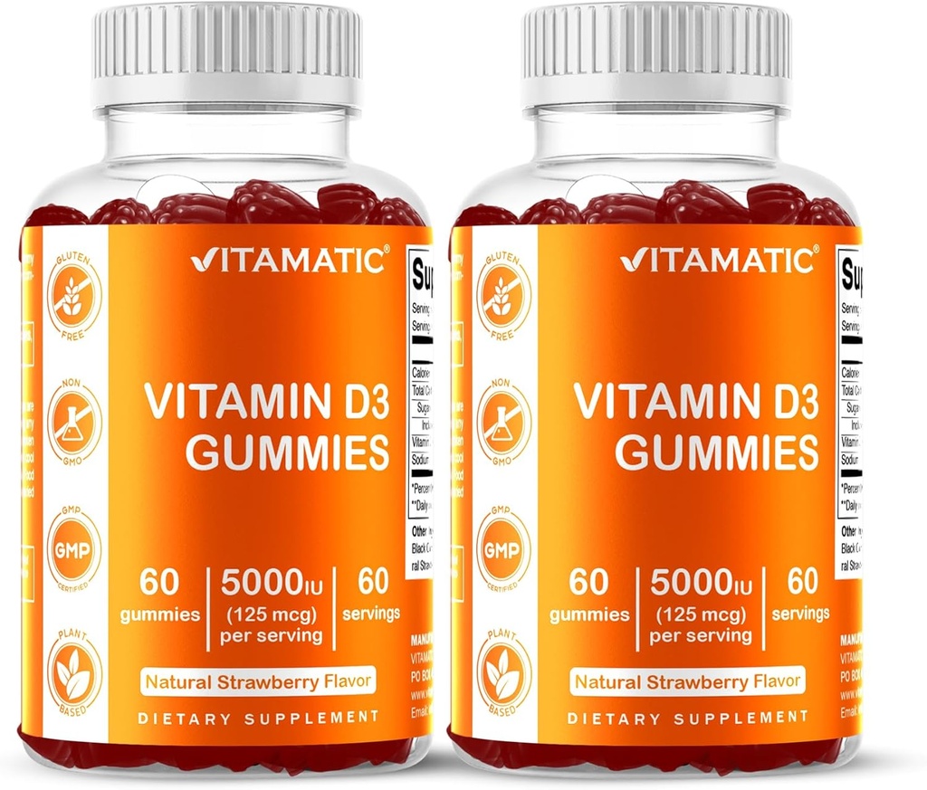 Vitamatic Vitamina D3 Gummies – 5000 UI Per Gummy peru 60 Gummies per Bottle Silencio Pack of 2 (Total 120 Conde) Great Taste ¦ Supports Bone, Teeth, Mood, Joint &amp; Immune Health