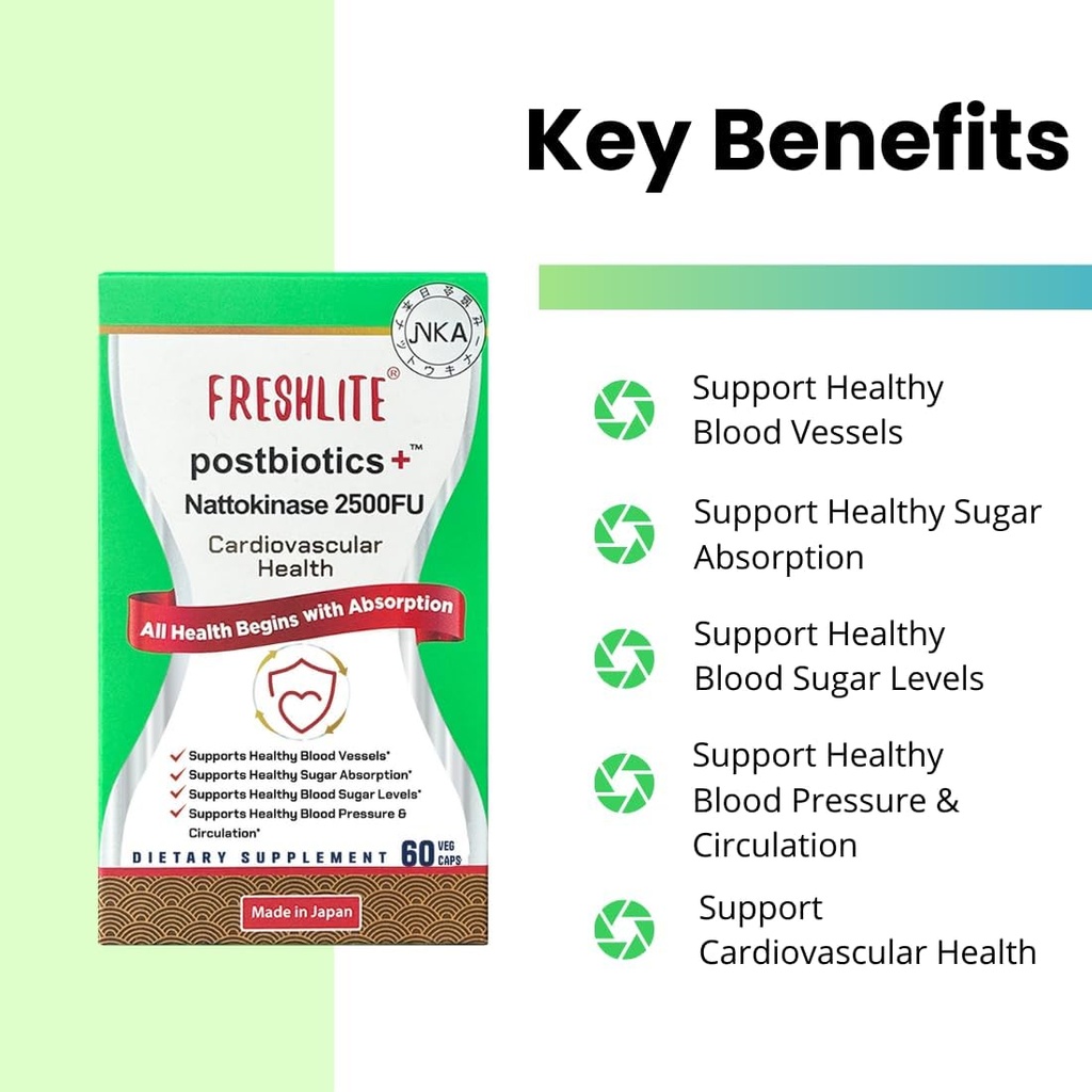 FRESHLITE 2500FU Premium NSK-SD Nattokinase & Vegan Postbiotics for Cardiovascular Support ¦ Blood Pressure, Cholesterol & Heart Health ← JNKA Certified ← Non-GMO, Gluten-Free, 60 cápsulas Japón Made