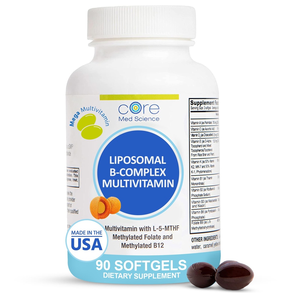 Core Med Science Liposomal Methylated Multivitamin B-Complex, 90 Softgels - Non-GMO Active Super B Complex Vitamin Supplement for Heart Health - VIT Methyl B Complex Immune Support Supplement
