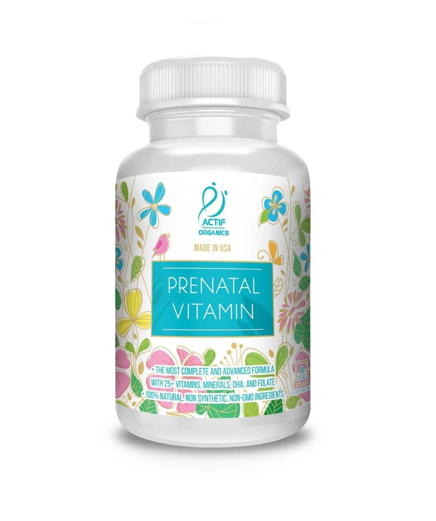 Actif Vitamina Prenatal Orgánica con 25+ Vitaminas Orgánicas, 100% Natural, DHA, EPA, Omega 3 y Orgánica Herbal Blend - Non-GMO, 90 Conde