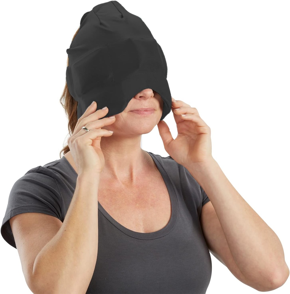Cap de Terapia de Hielo Aculief - Ajustable Cotton-Spandex Fit & Neck Cooling - Soft Cotton-Spandex Sleep Cap with Eye Mask - Pack of 1, Black