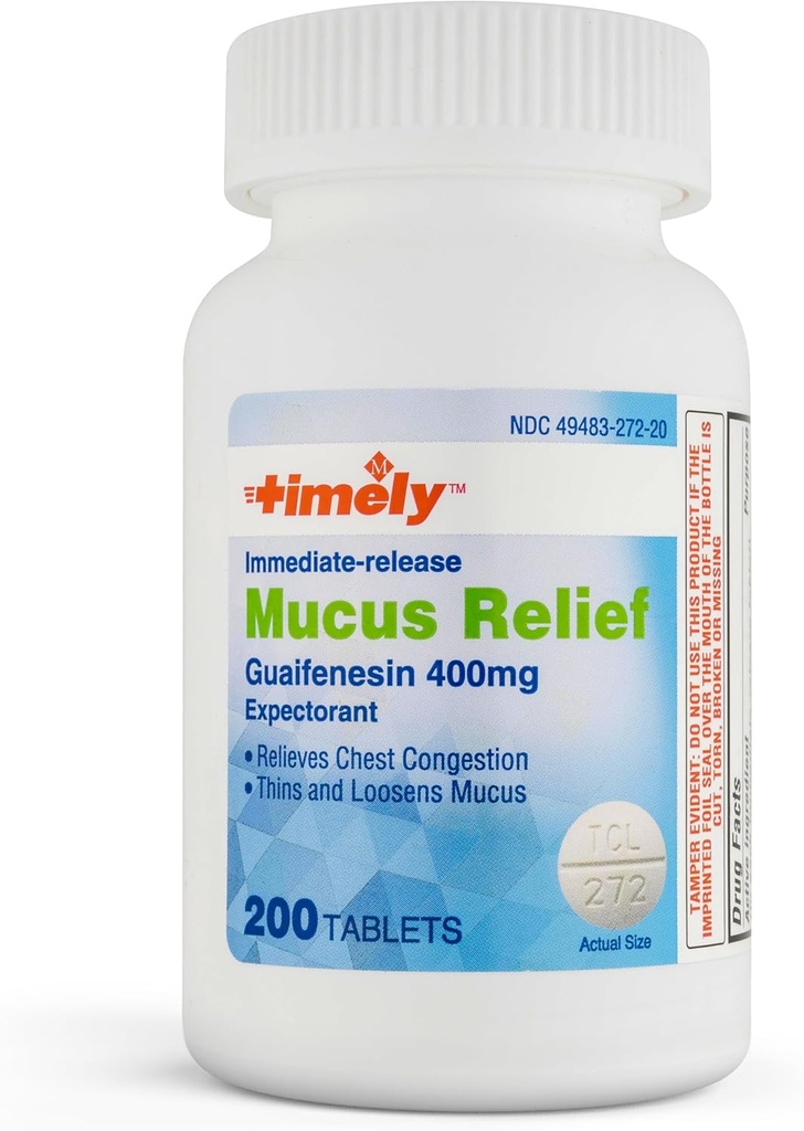 Lágrimas de hora, INC. Relieve Mucus Guaifenesin 400mg 200 Tablets - Inmediata liberación Mucus Phlegm Relief - Expectorant for Mucus Removal, Chest Congestion, Flu, Colds, Alergias