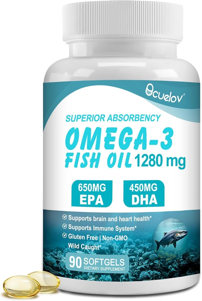 Omega 3 Suplementos de aceite de pescado,Triple Strength Omega 3 Suplemento nutricional con 650 mg EPA 450mg DHA Por Serving - Cerebro, Ojo, Corazón &amp; Inmune Apoyo a la salud - 90 Softgels (45 Serv)