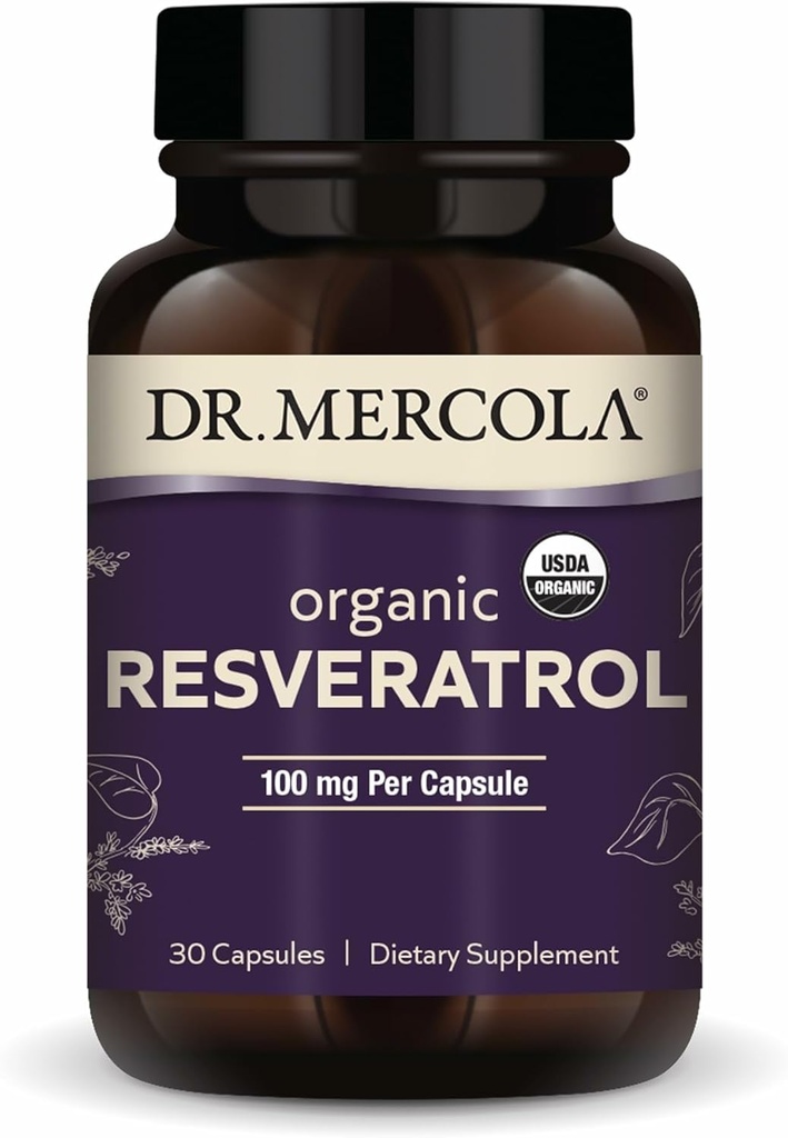Dr. Mercola Organic Resveratrol - 100 mg Cellular &amp; Cardiovascular Support - 99.9 Porcentual Trans-Resveratrol - de japonés Knotweed - 30 cápsulas (30 servidos)