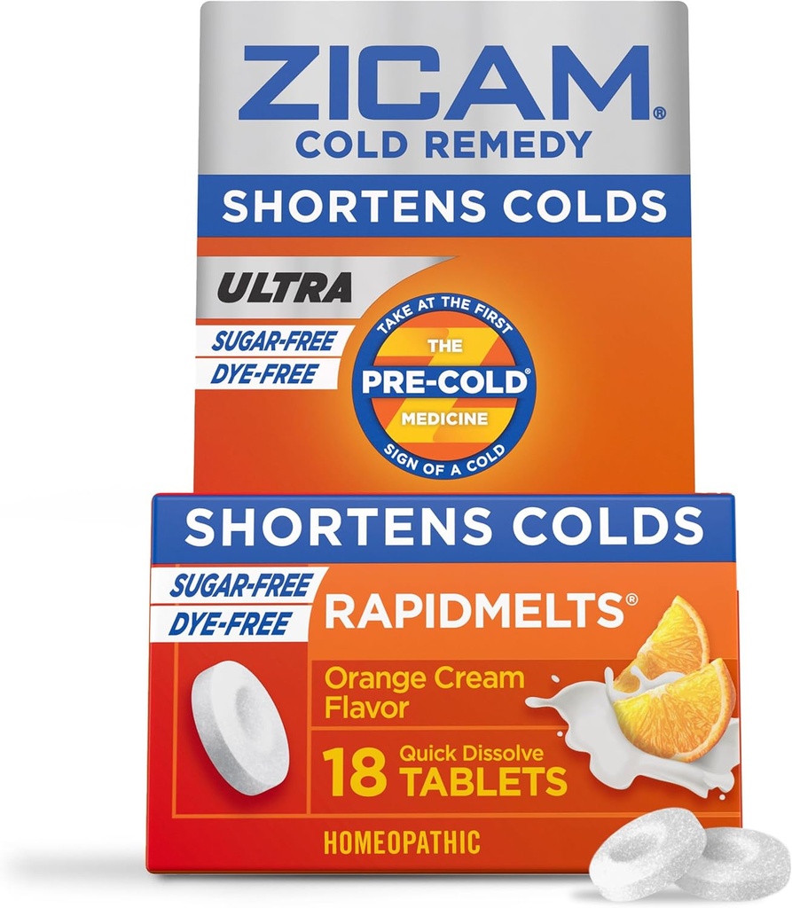 Zicam Ultra Cold Remedy Zinc Rapidmelts, Orange Cream Flavor, Homeopática, Cold Shortening Medicine, Shortens Cold Duración, Libre de Azúcar, Libre de ojos, 18 Conteo