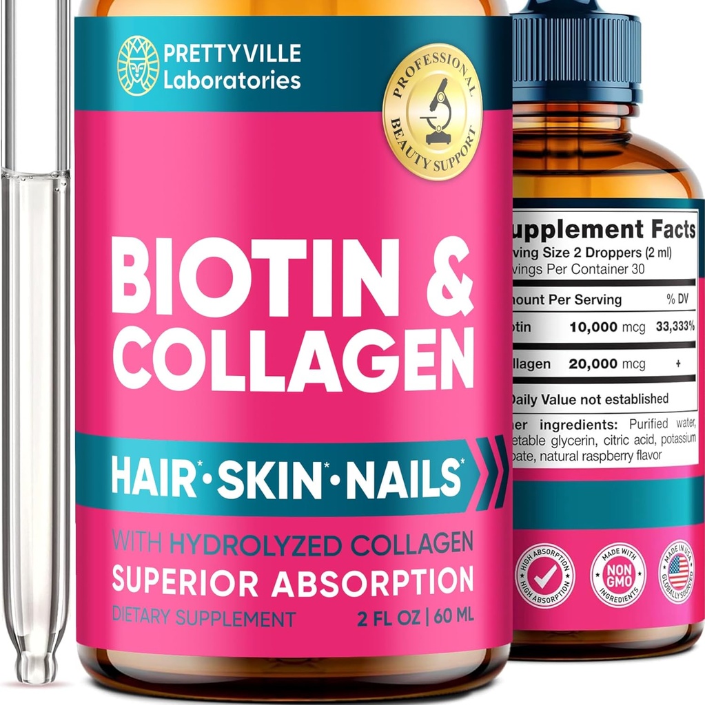 Collagen líquido " Biotina for Women - 30000mcg Hair Growth Complex - Made in USA - Hydrolyzed Collagen " Biotin Oil for Hair Growth, Healthy Skin " Nails - Vegan Collagen " Biotin Source - 2 fl oz