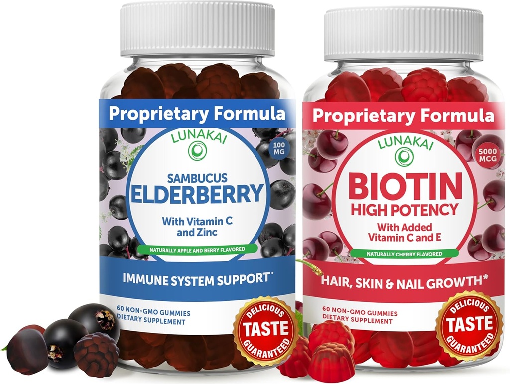 Lunakai Biotin &amp; Elderberry Gummies Bundle - Gummy for Hair Growth, Skin Glow and Stronger Nails with Vitamin C and E - Immune Support Supplement for Adults and Kids