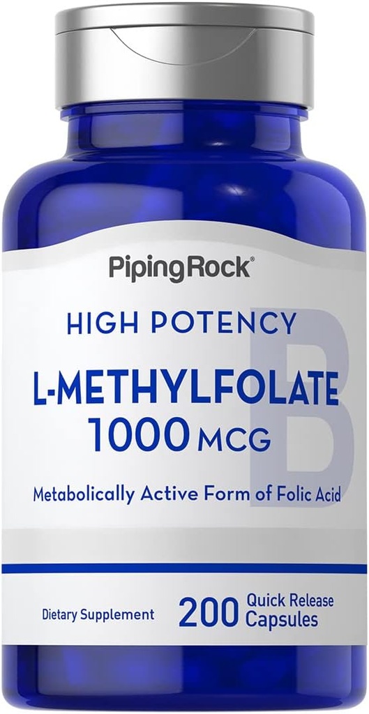 Piping Rock L Methylfolate Suplemento TEN 1000 mcg ANTE 200 Capsules tóxico Forma activa de ácido fólico Silencioso No GMO, Gluten Gratis